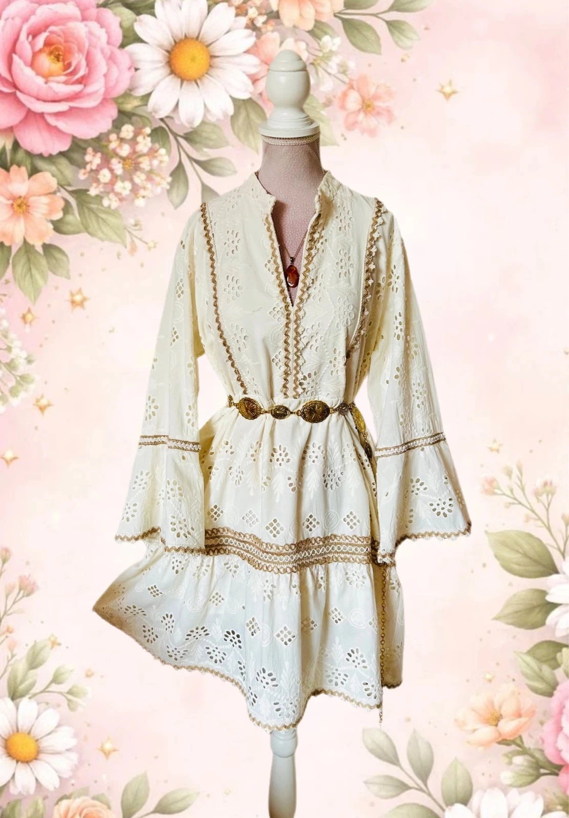 🌾🍃Cotton bohemian cottagecore romantic prairie embroidered dress S/M🌿💐 – photo 4